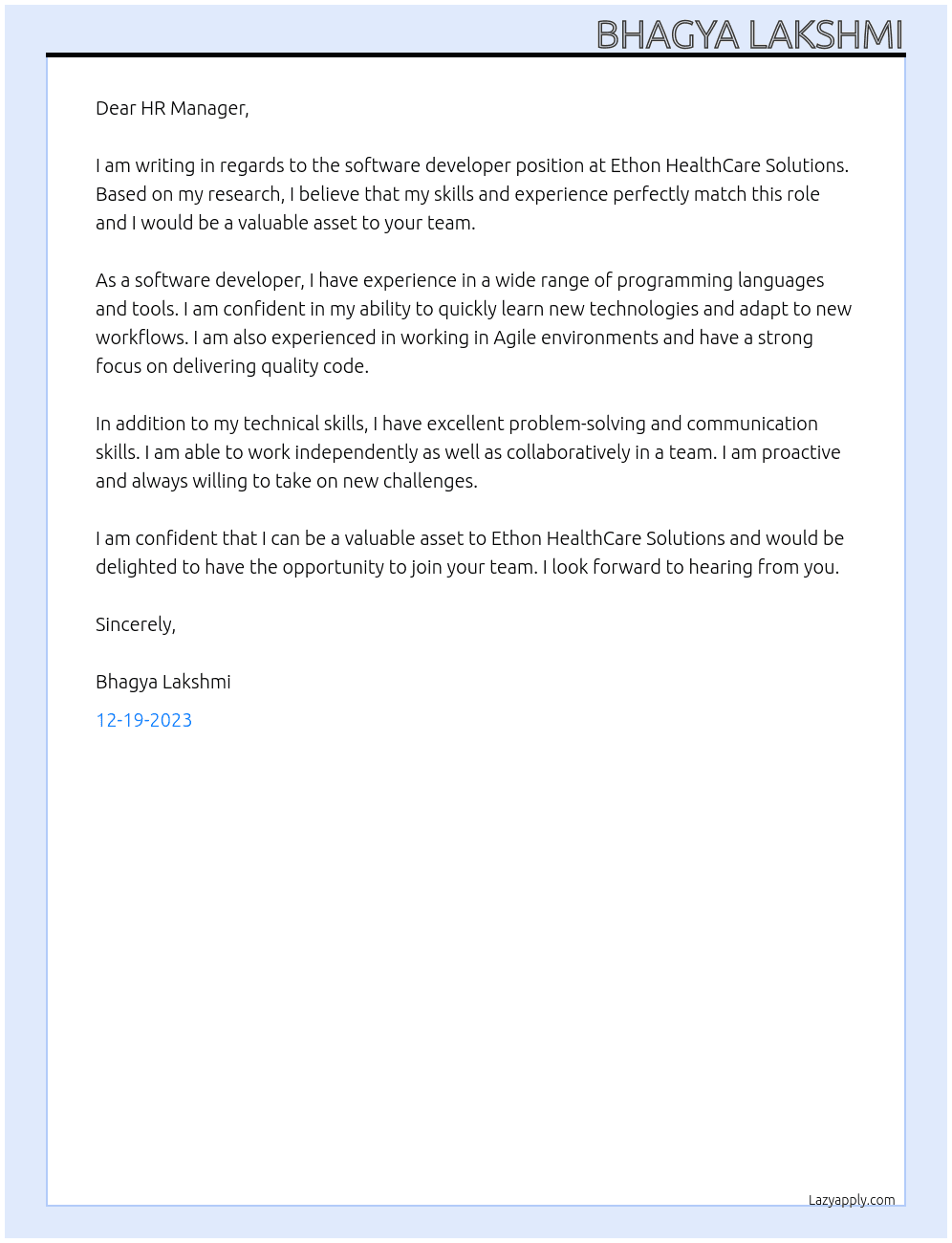software developer At Ethon HealthCare Solutions Cover Letter