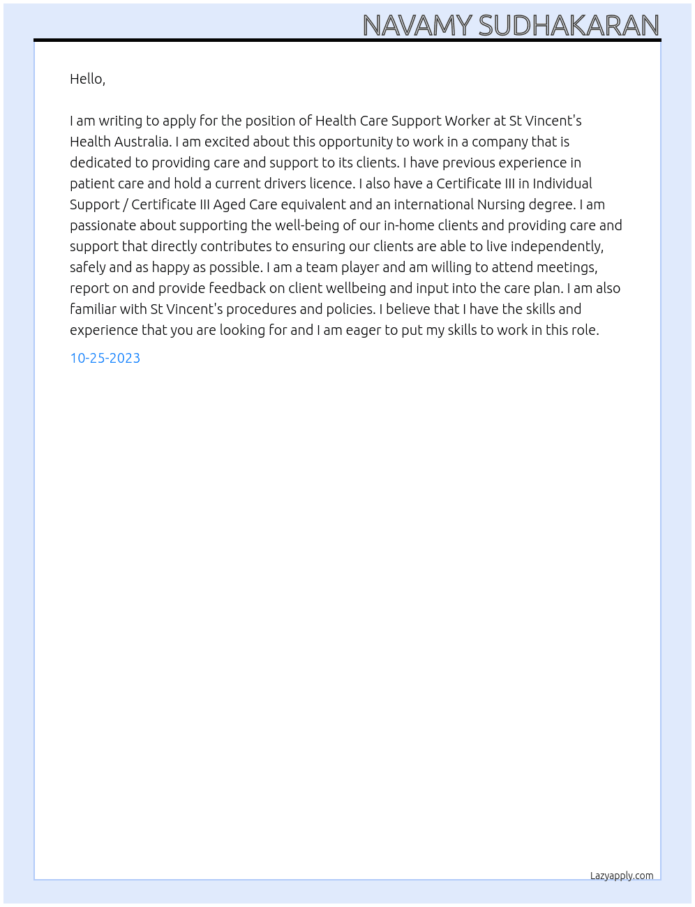 Health care support worker At St Vincent's Health Australia Cover Letter