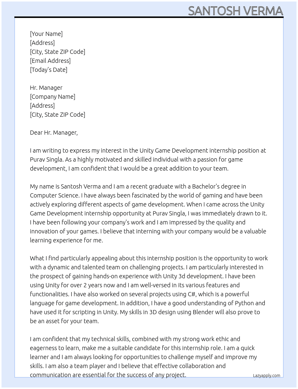 Unity Game Development internship At Purav Singla Cover Letter
