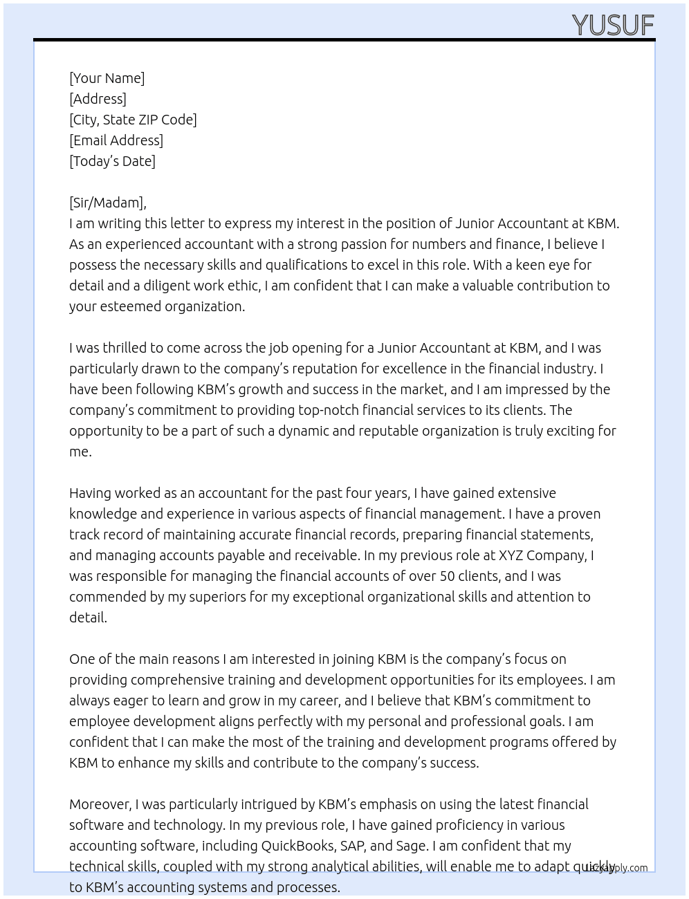 Junior accountant At KBM Cover Letter