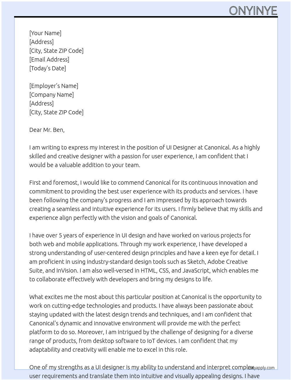 UI Designer At Canonical Cover Letter