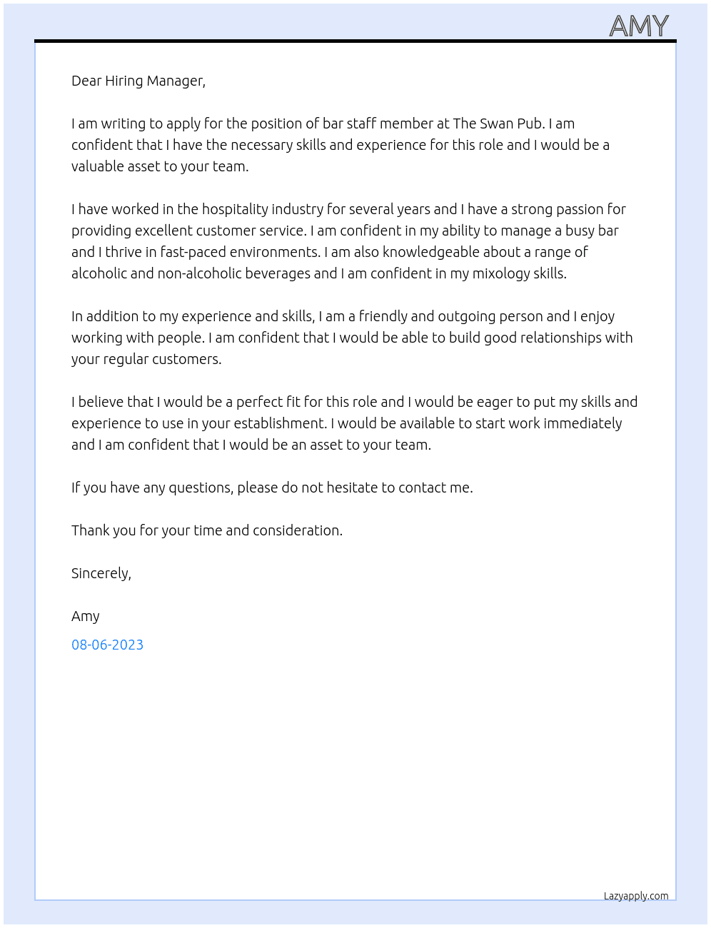Bar staff member  At The Swan Pub  Cover Letter