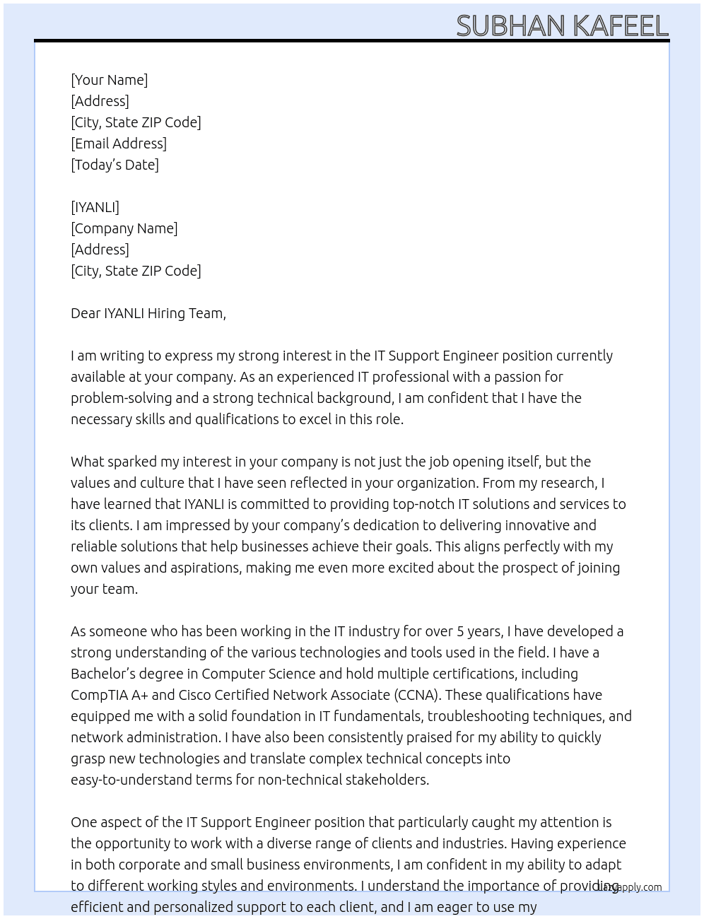 IT support engineer  At IYANLI Cover Letter