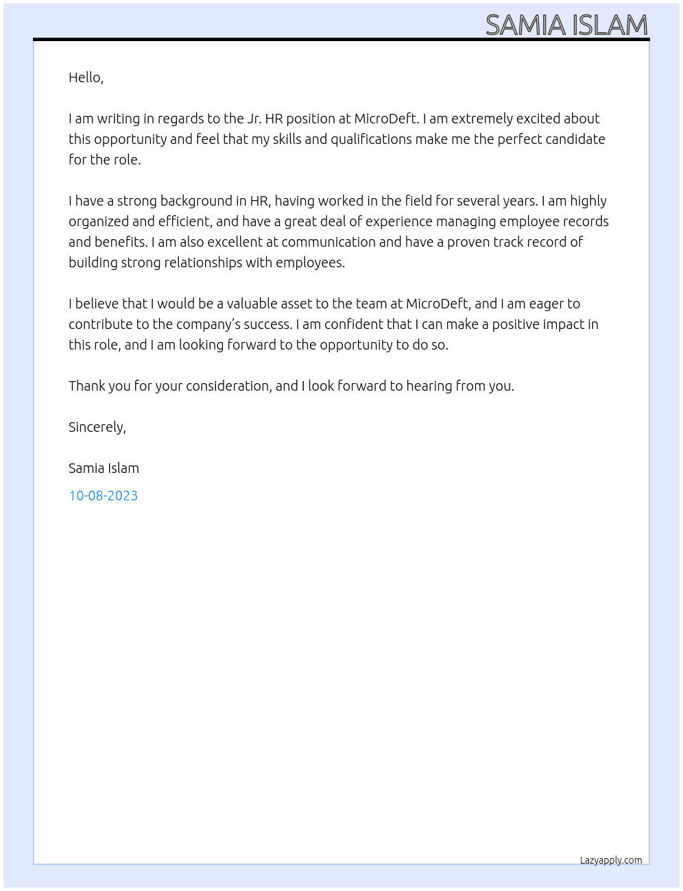 Jr. HR  At MicroDeft Cover Letter