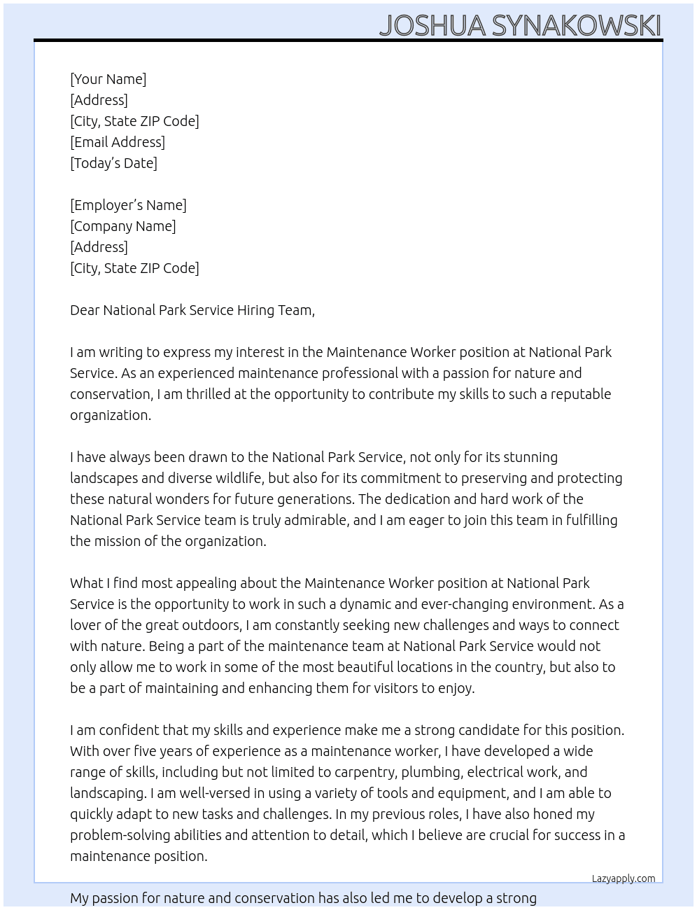 Maintenance Worker At National Park Service Cover Letter
