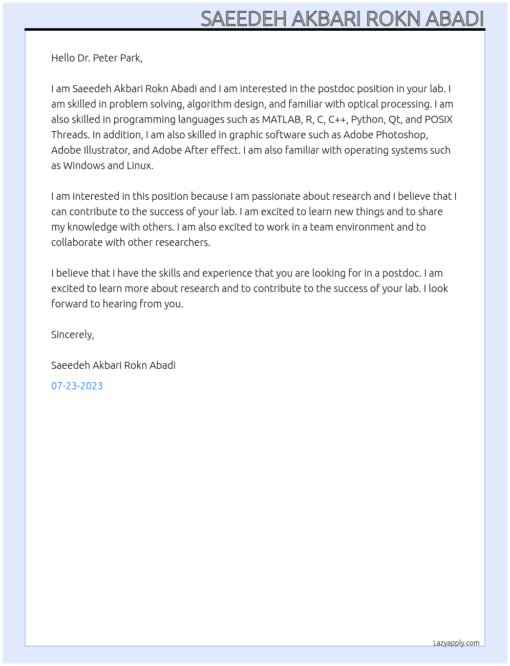Postdoc At Park lab Cover Letter
