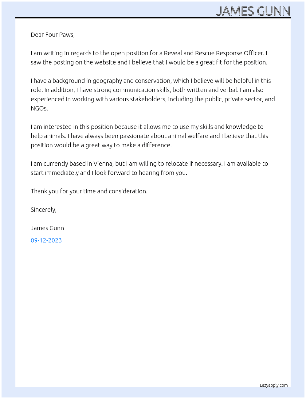 Revel Officer At Four Paws Cover Letter