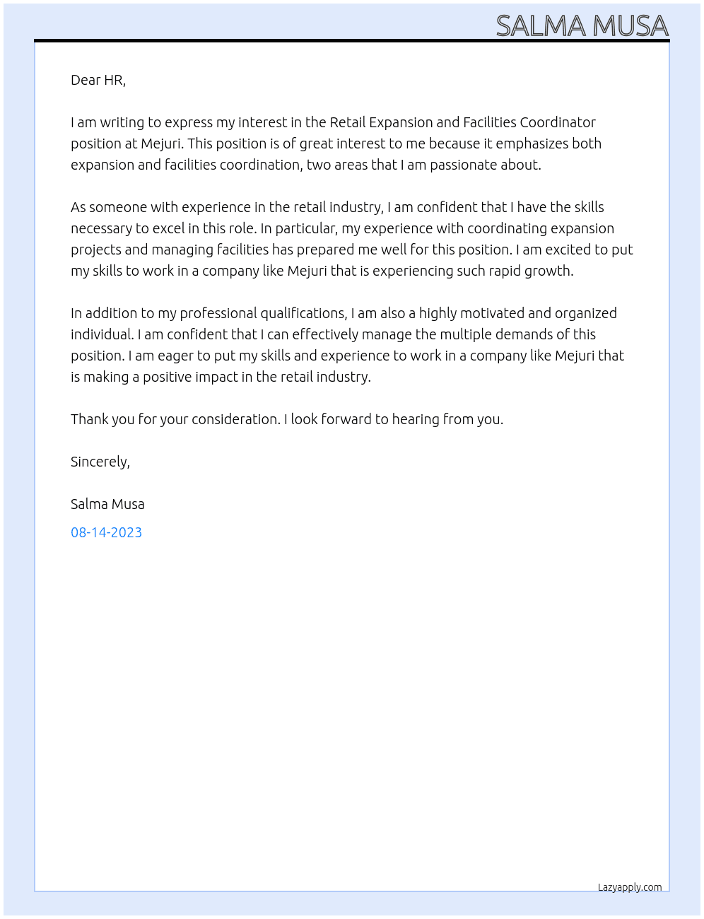 Retail Expansion and Facilities Coordinator At Mejuri Cover Letter