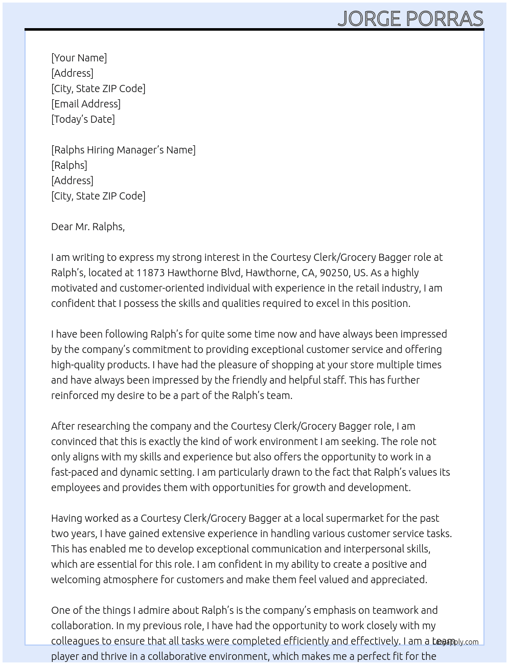 Courtesy Clerk/Grocery Bagger At Ralph's  Cover Letter