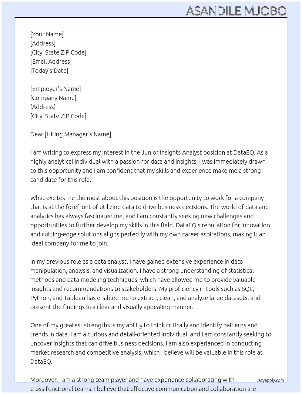 Junior Insights Anaylist At DataEQ Cover Letter