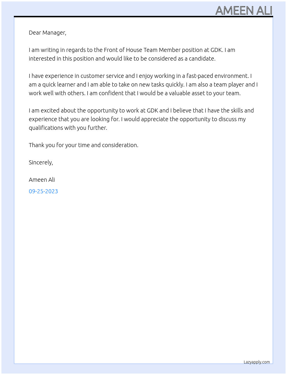 Front of house team member  At GDK Cover Letter
