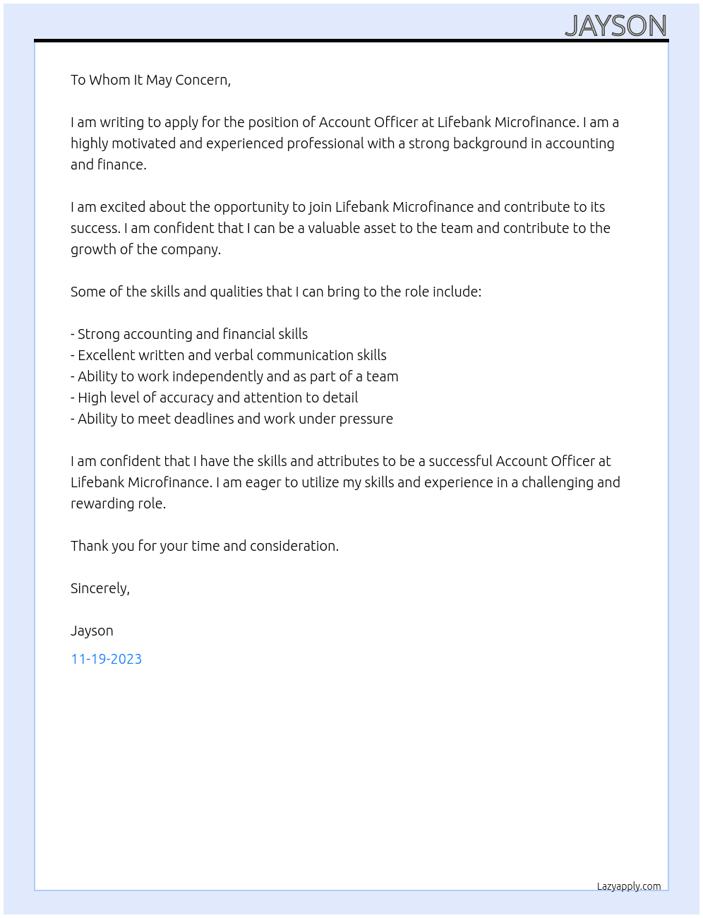 account officer  At lifebank microfinance  Cover Letter