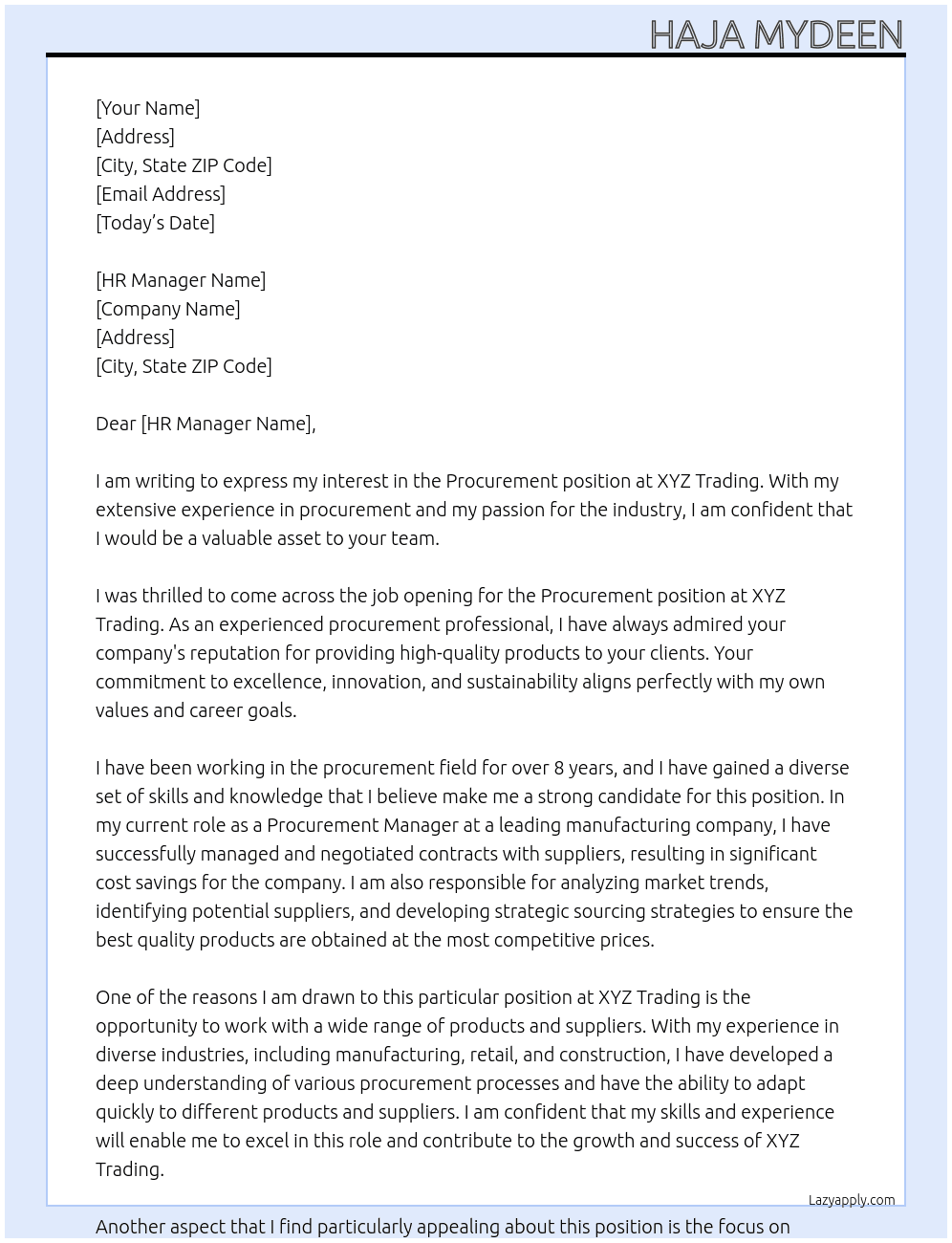 procurement At xyz trading Cover Letter