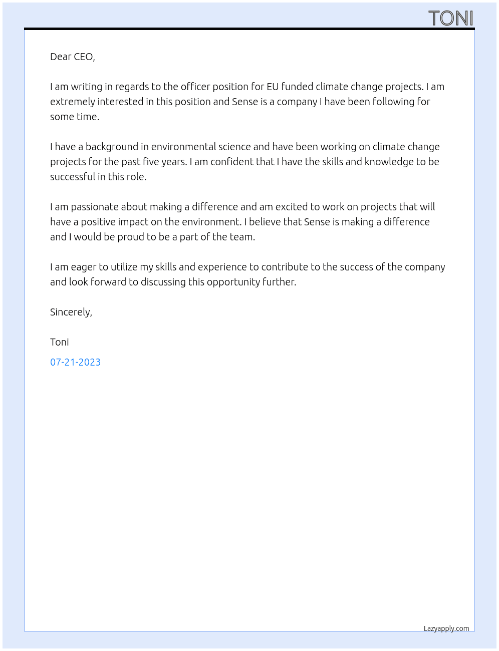 officer for eu funded climate change projects At sense Cover Letter