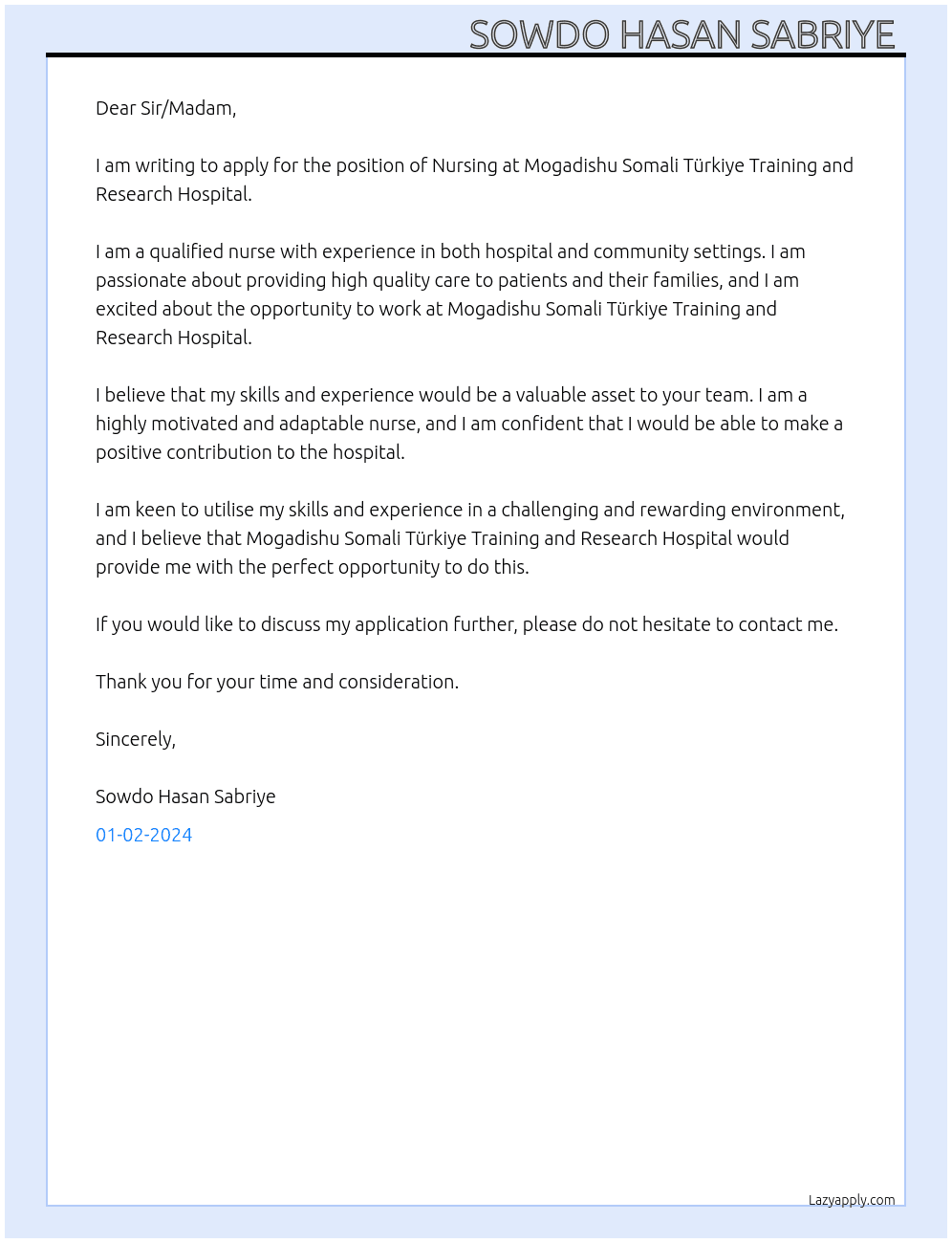 Nursing  At  Mogadishu Somali Türkiye Training and Research Hospital Cover Letter