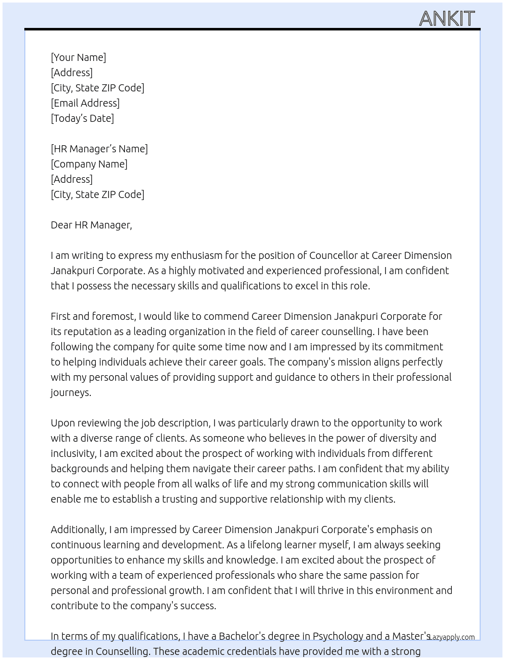 Councellor  At Career Dimension Janakpuri Corporate  Cover Letter