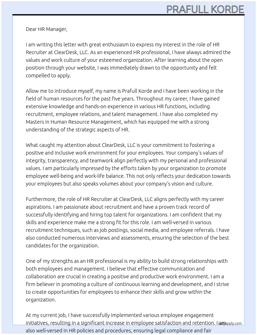 HR Recruiter  At ClearDesk, LLC Cover Letter