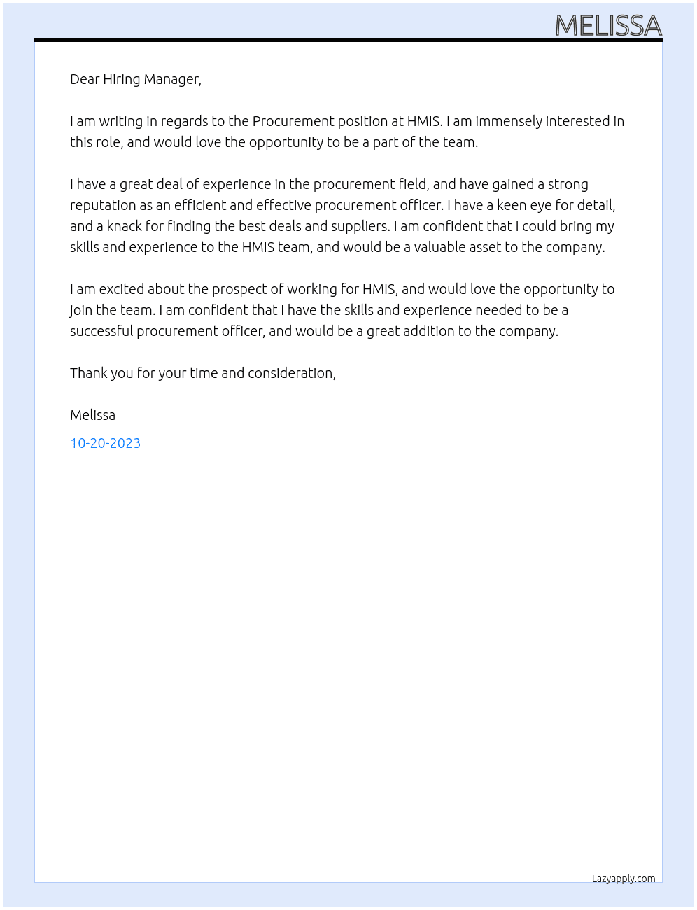 Procurement At HMIS Cover Letter