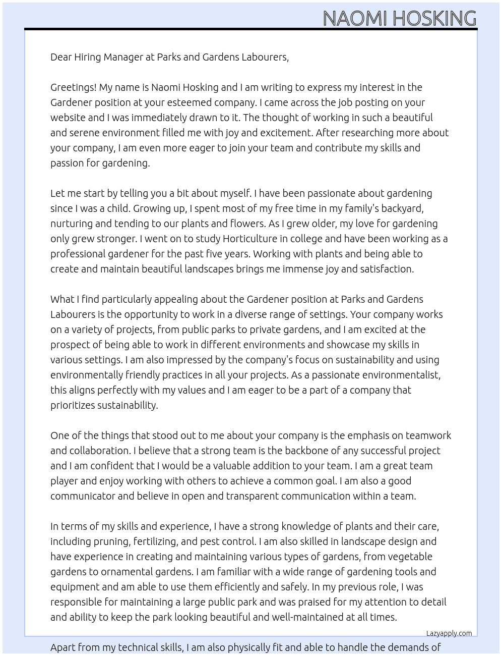 Gardener At Parks and Gardens Labourers Cover Letter