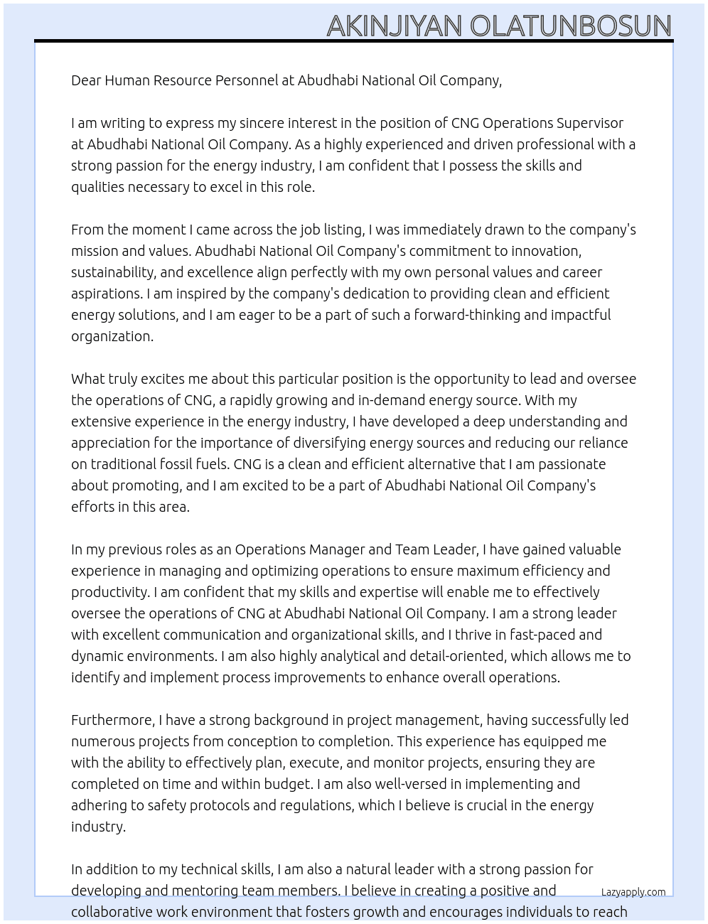 CNG operations supervisor At Abudhabi National Oil Company Cover Letter