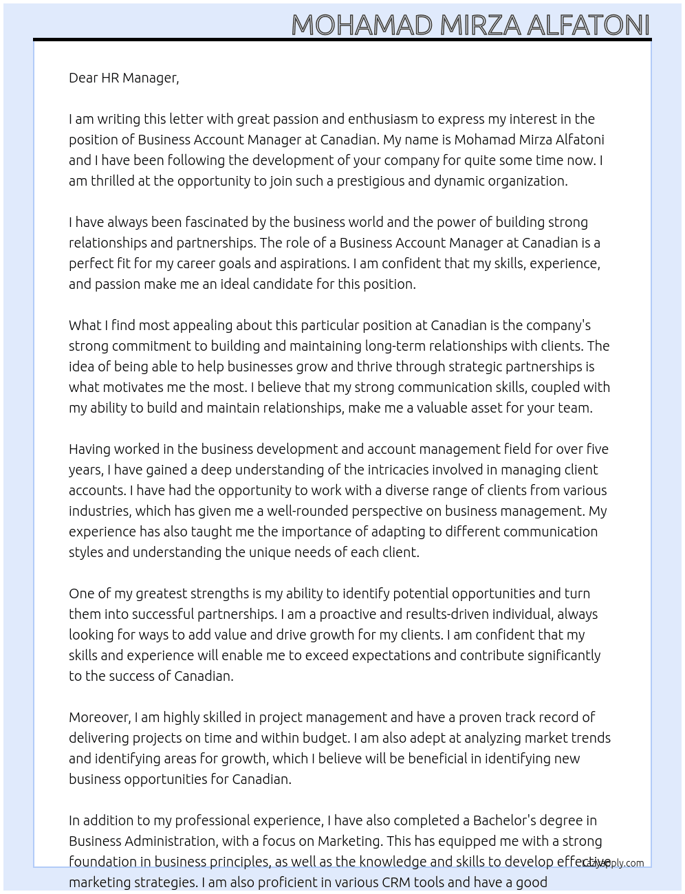 Business Account Manager At Canadian  Cover Letter
