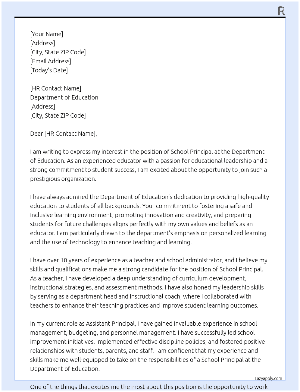 school principal At Department of Education Cover Letter