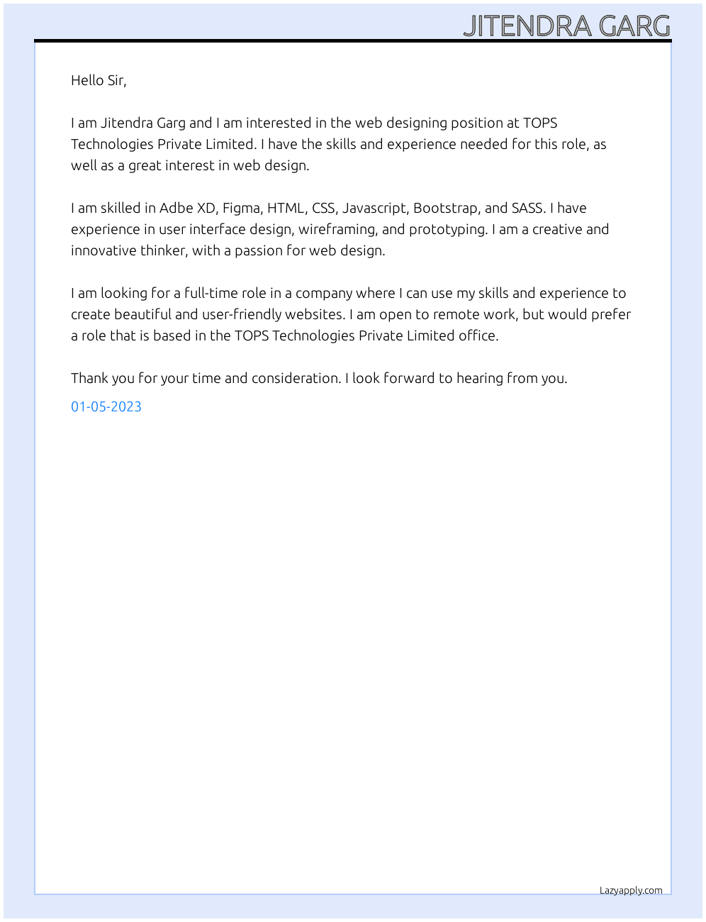 Web Designing At TOPS Technologies Private Limited Cover Letter
