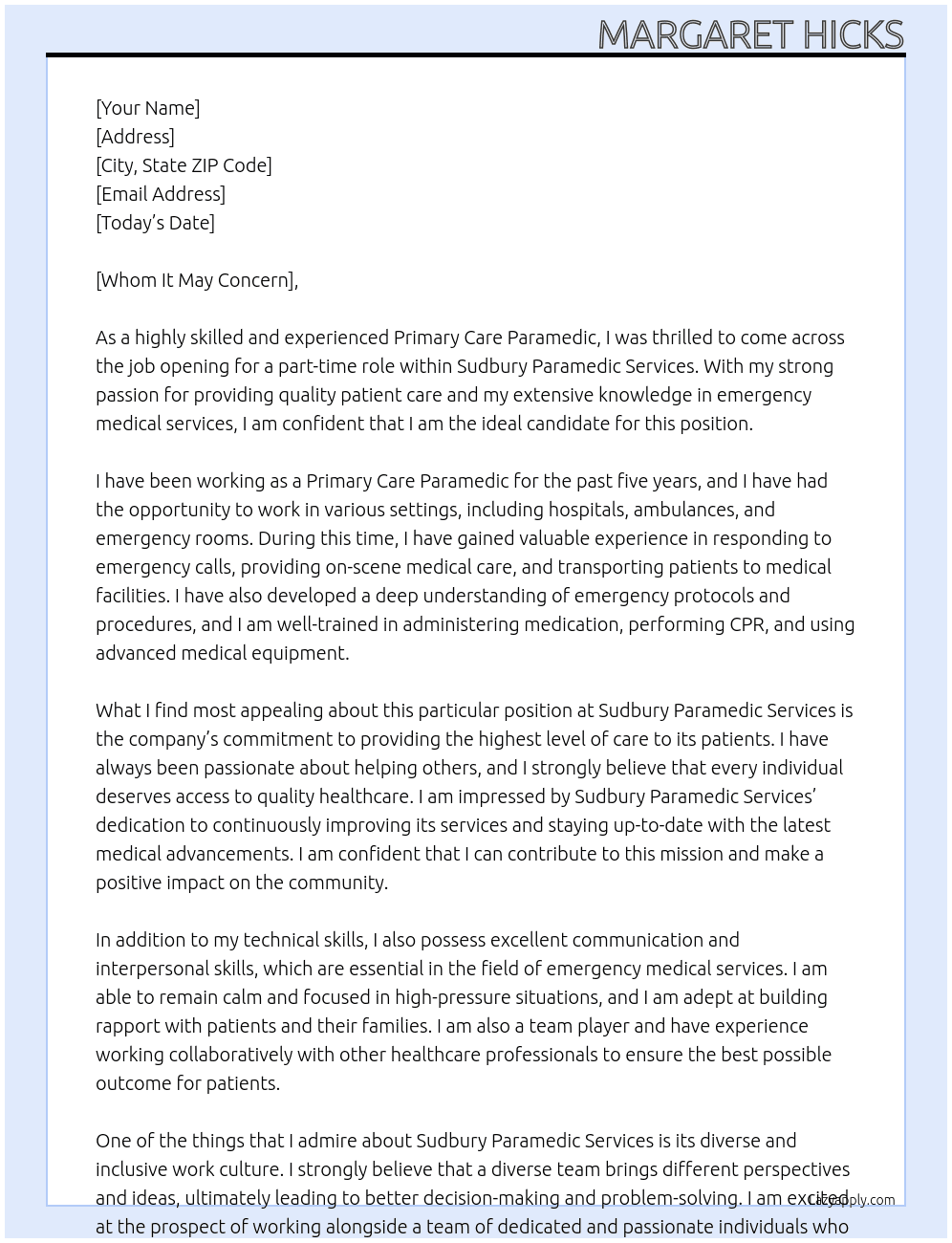 Primary Care Paramedic At Sudbury Paramedic Services Cover Letter