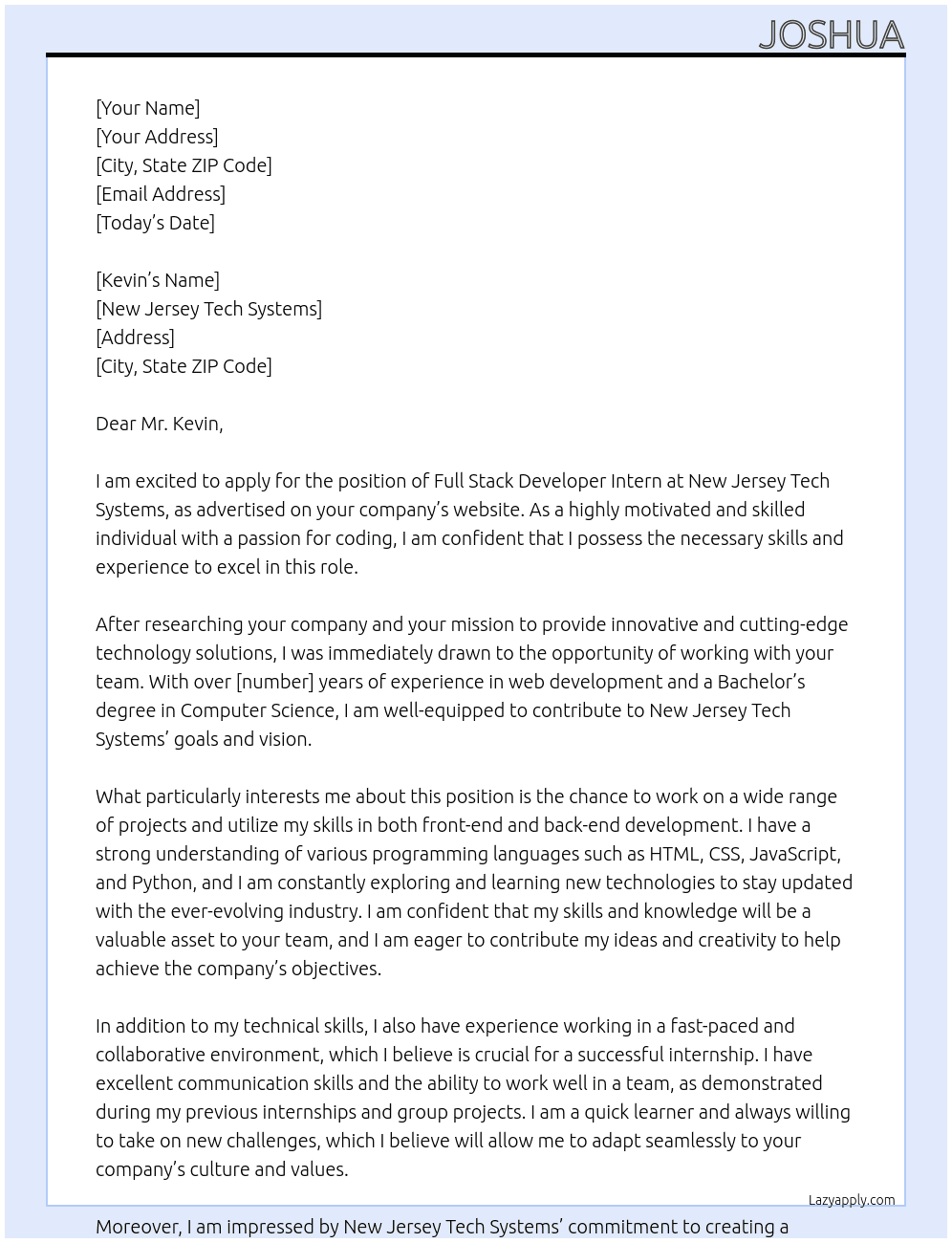 Full Stack Developer Intern At New Jersey Tech Systems Cover Letter