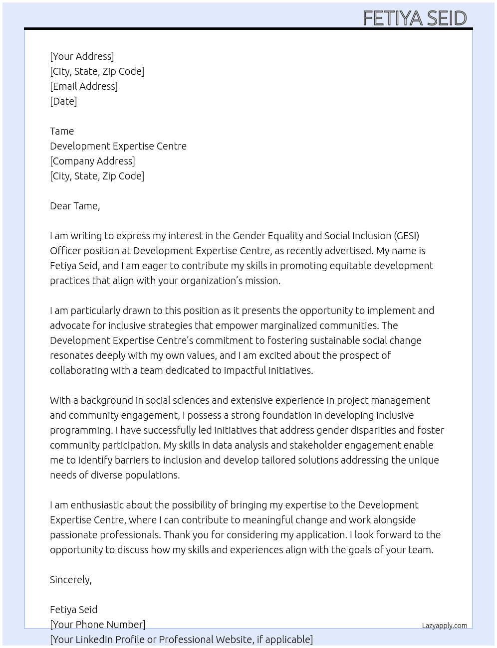 GESI officer  At Development expertise centre  Cover Letter