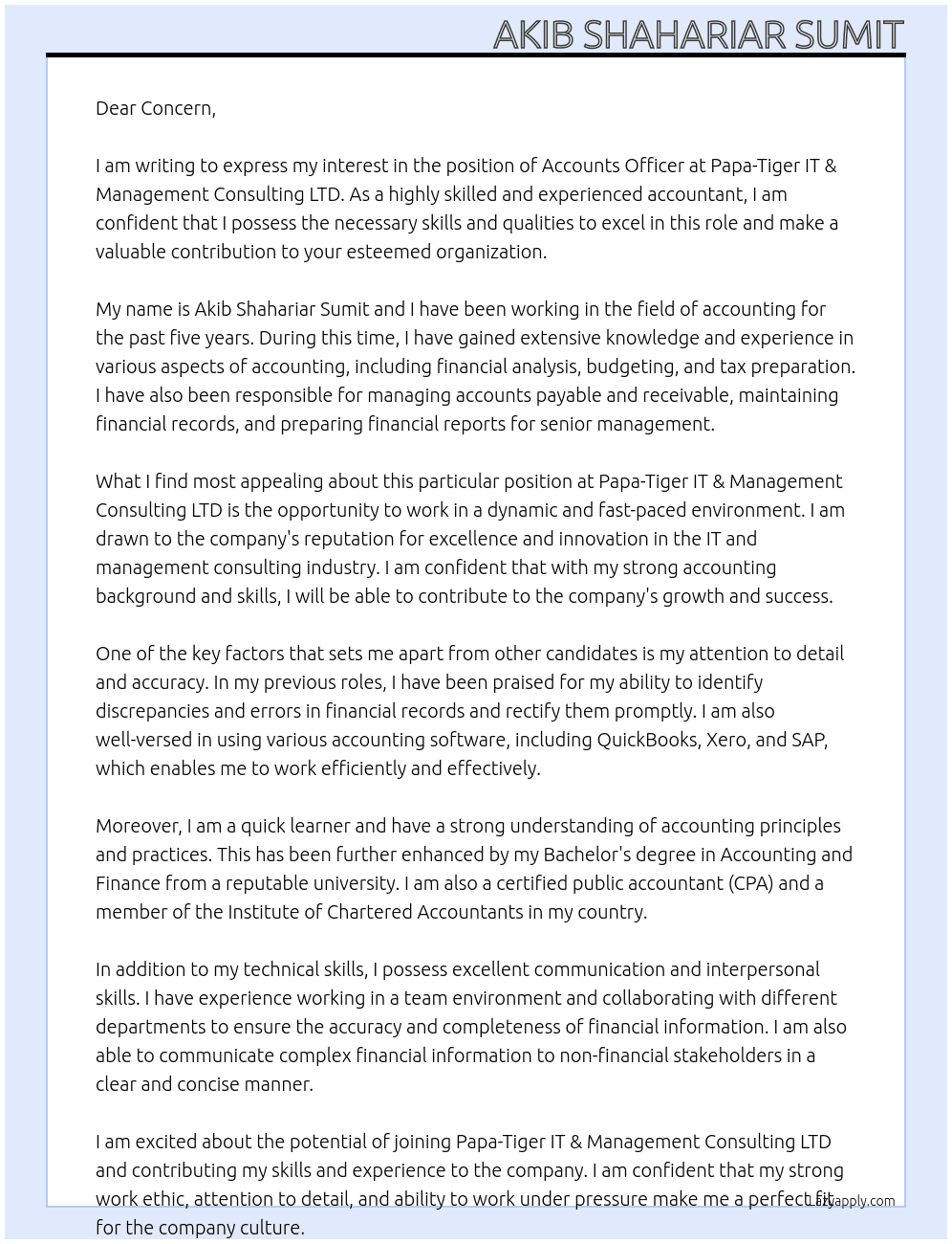 Accounts Officer  At Papa-Tiger IT & Management Consulting LTD. Cover Letter