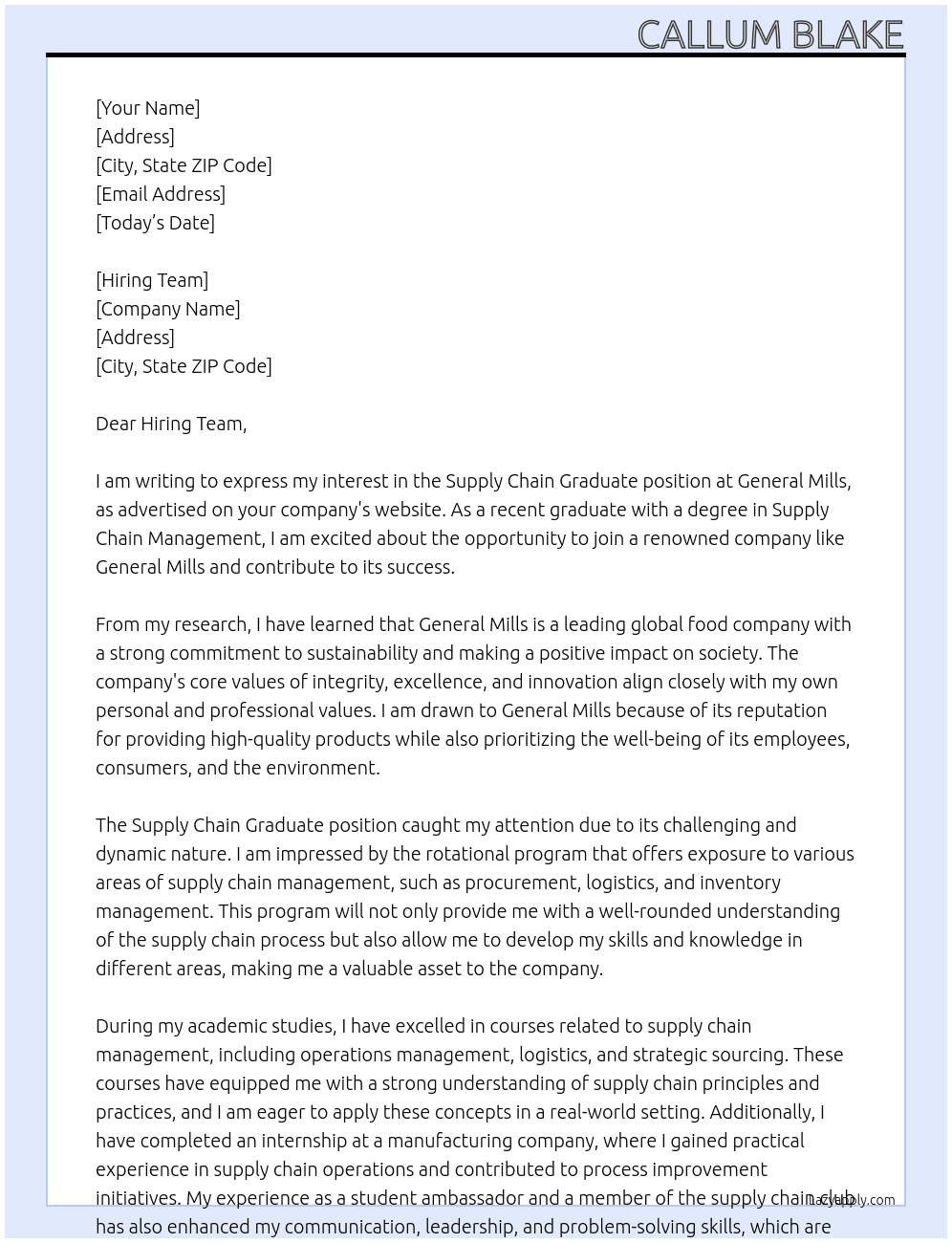 Supply Chain Graduate At General Mills Cover Letter