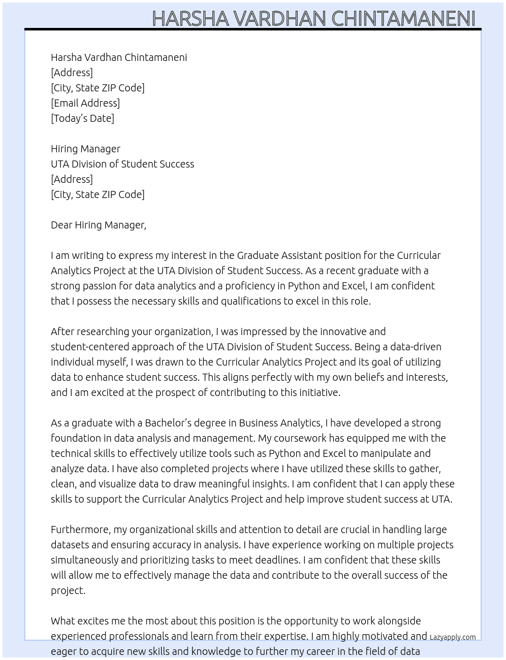 Graduate Assistant - Curricular Analytics Project  At UTA Division of student success  Cover Letter