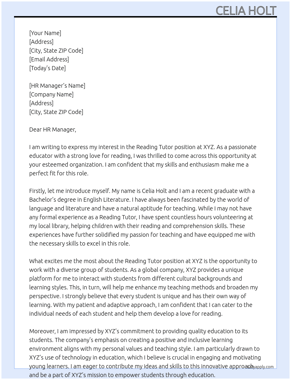 Cover letter for reading tutor - LazyApply