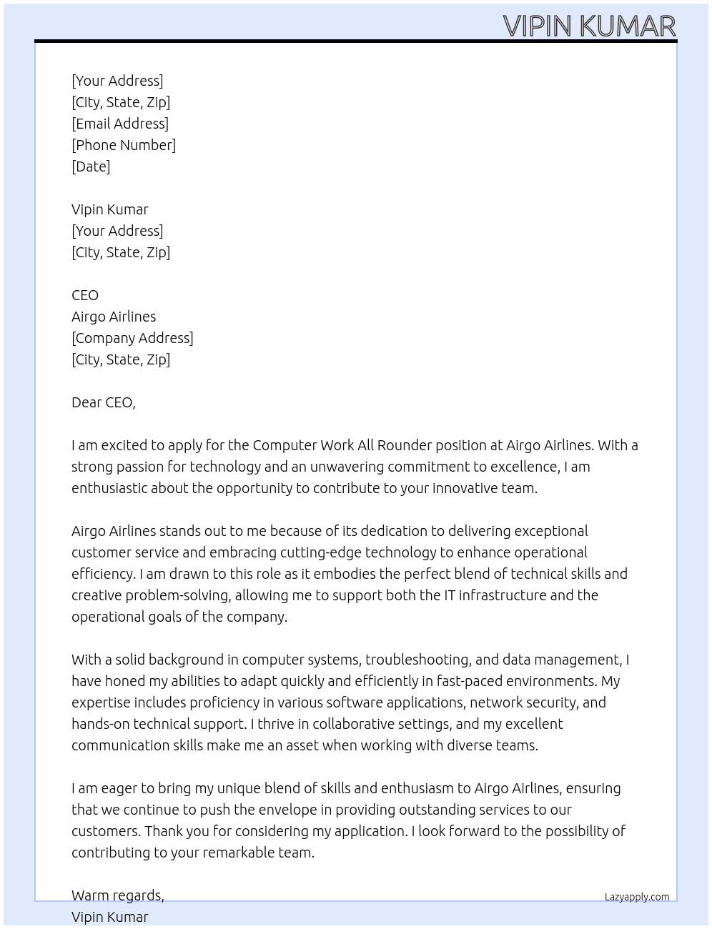COMPUTER WARK ALL ROUNDER At AIRGO AIRLINES Cover Letter