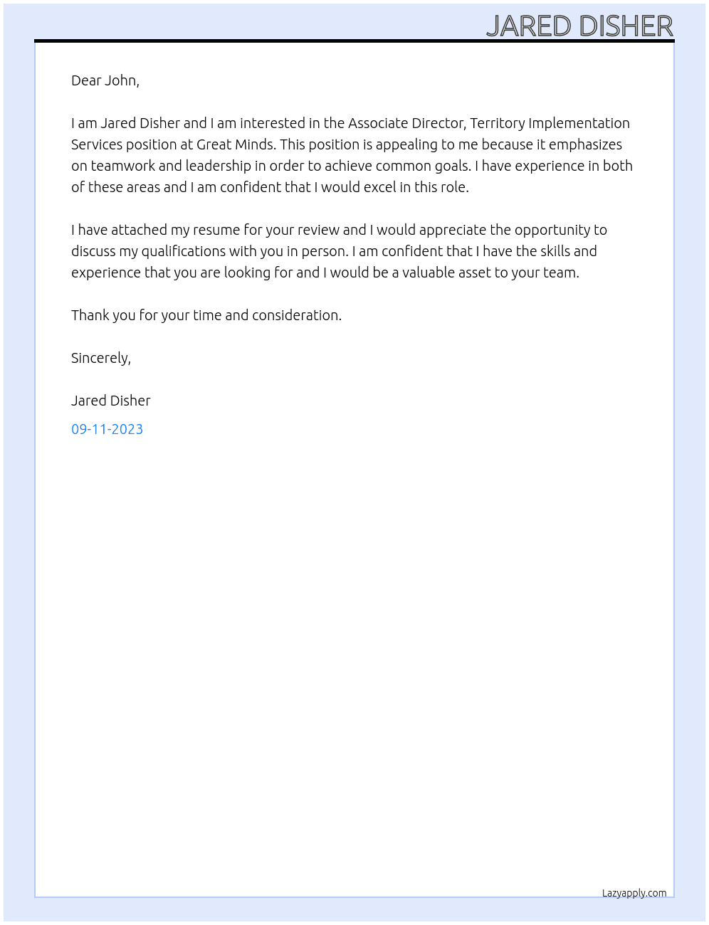 Associate Director, Territory Implementation Services At Great Minds Cover Letter