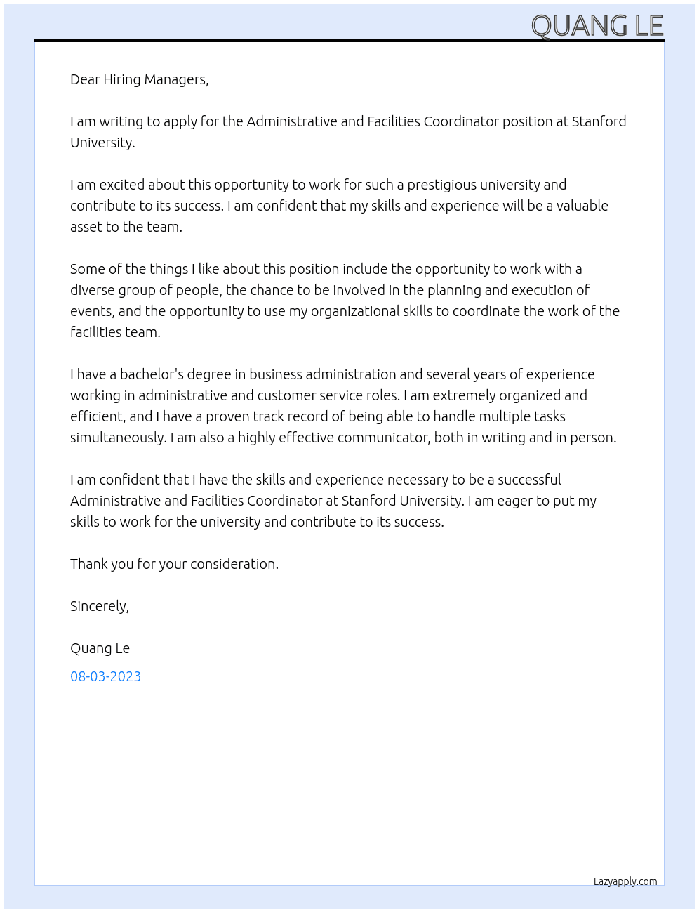 Administrative and Facilities Coordinator At Stanford University  Cover Letter