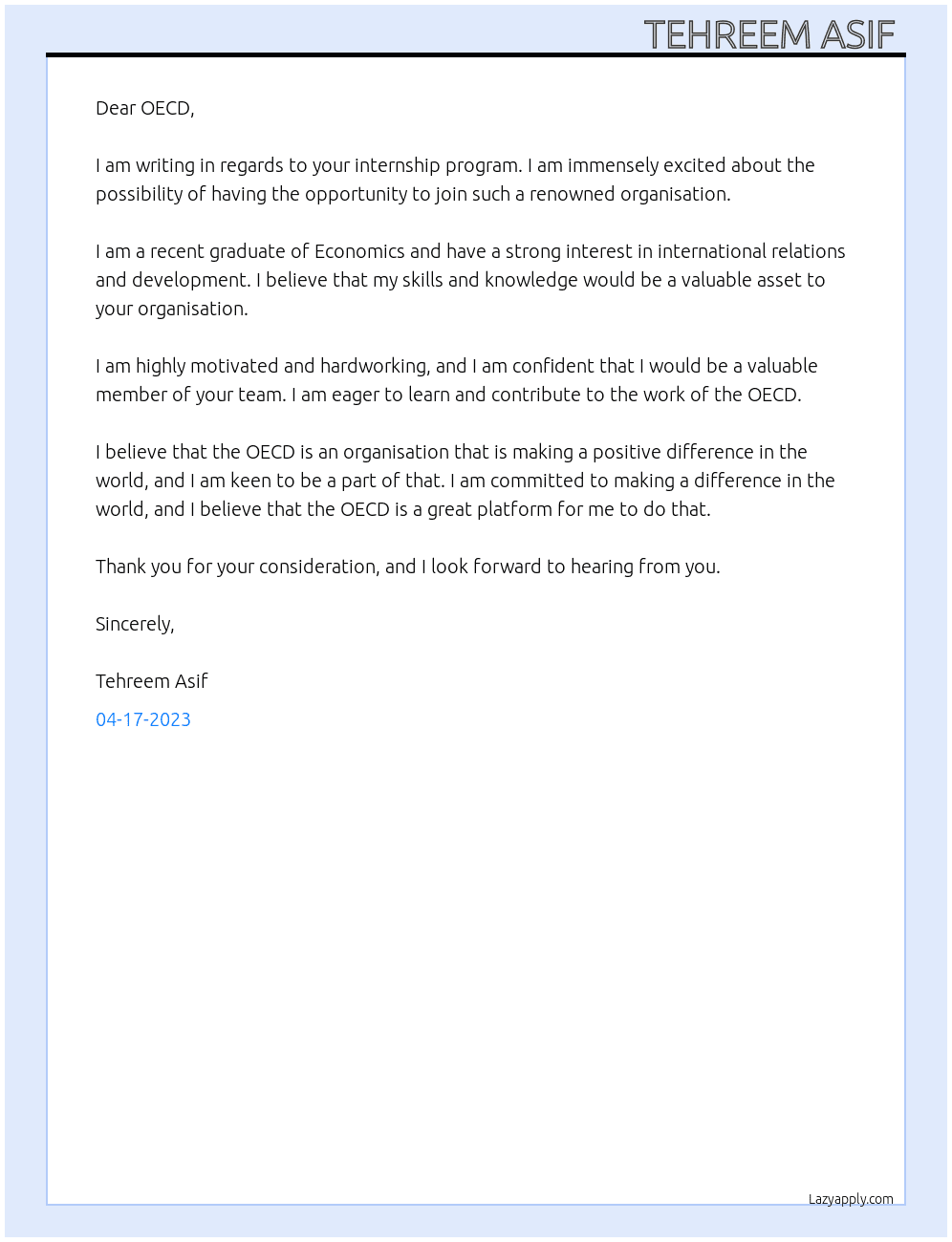 Internship program  At OECD Cover Letter