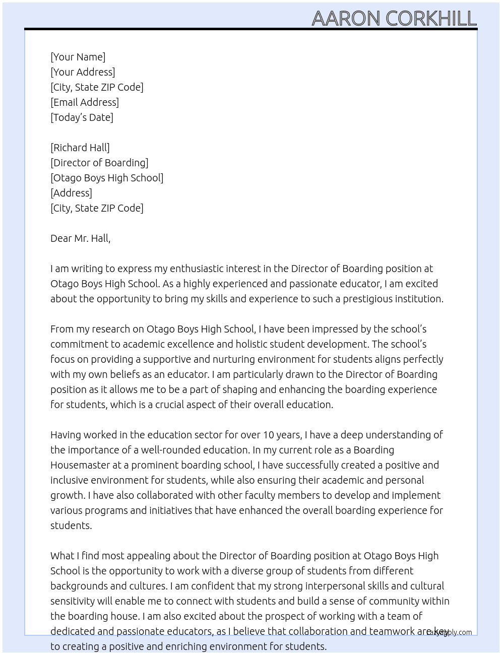 Director of boarding At Otago Boys High School Cover Letter
