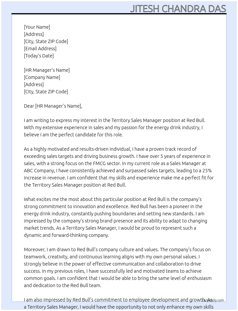Territory Sales Manager At Red Bull Cover Letter