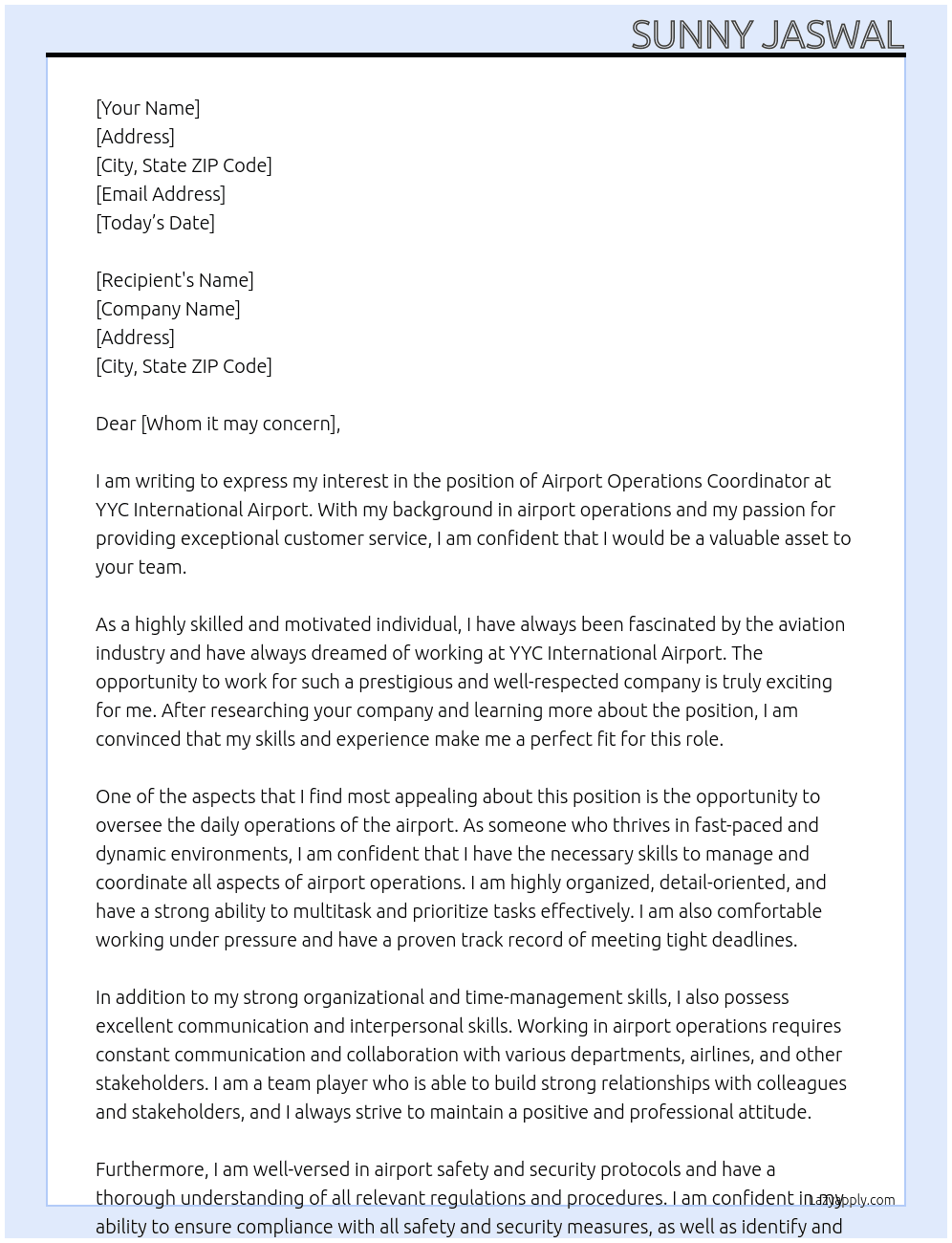 Airport Operations Coodinator At YYC International Airport Cover Letter