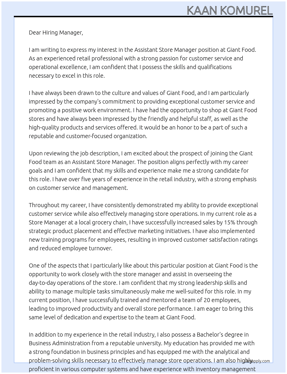 Assistant Store Manager At Giant Food Cover Letter