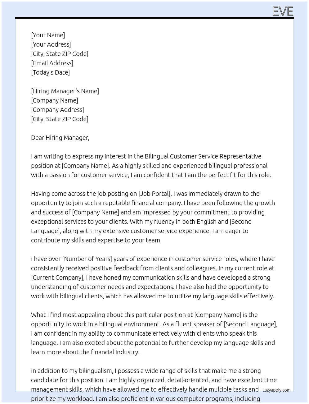 Bilingual Customer Service Representative At Financial company Cover Letter