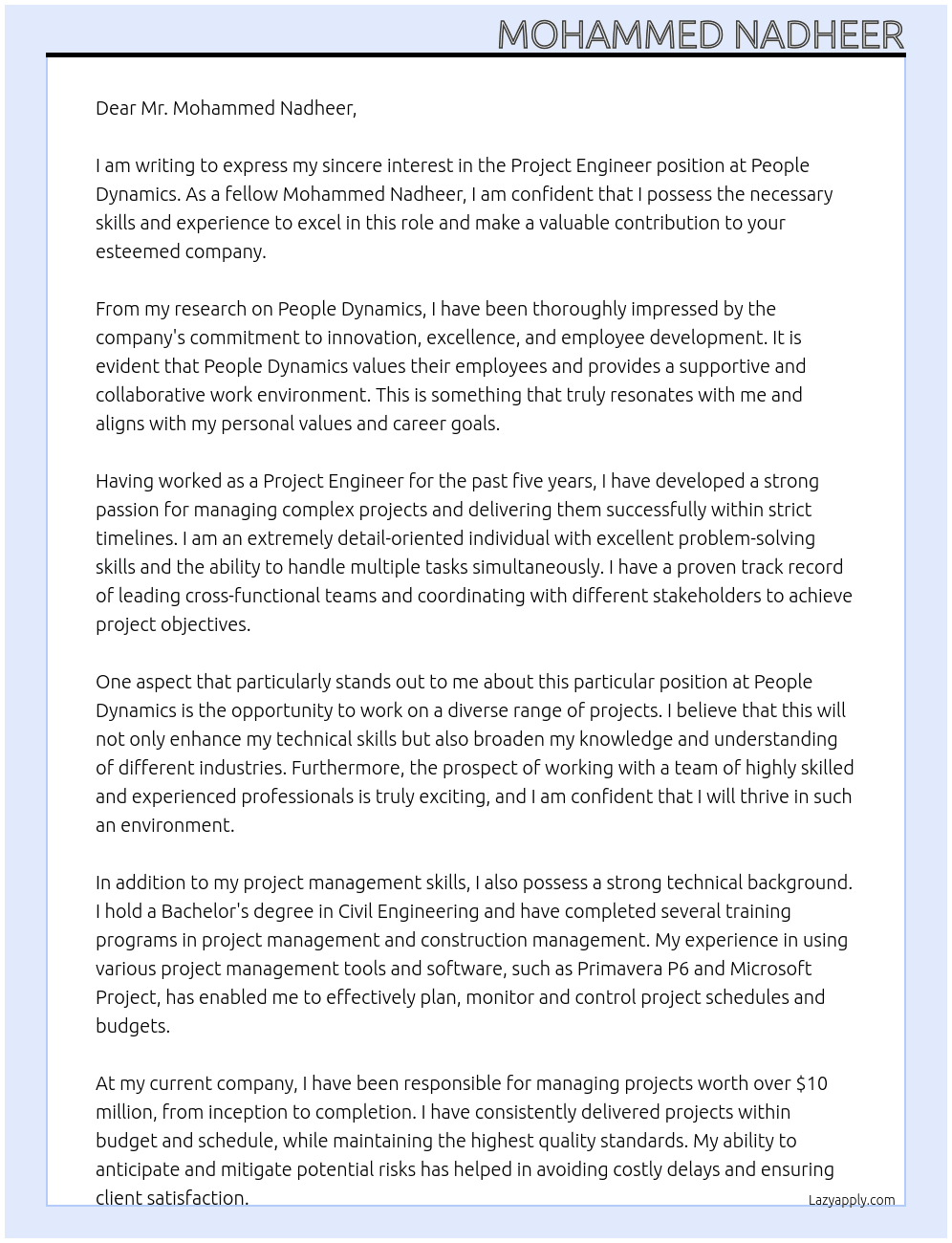 Project Engineer At People Dynamics Cover Letter