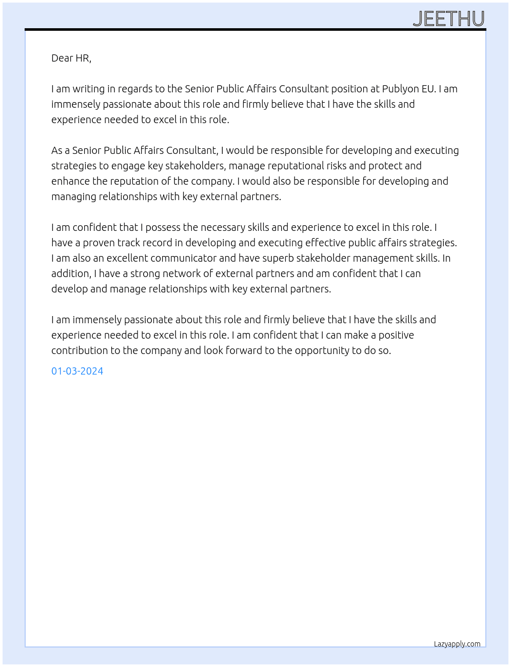 Senior Public Affairs Consultant At Publyon EU Cover Letter