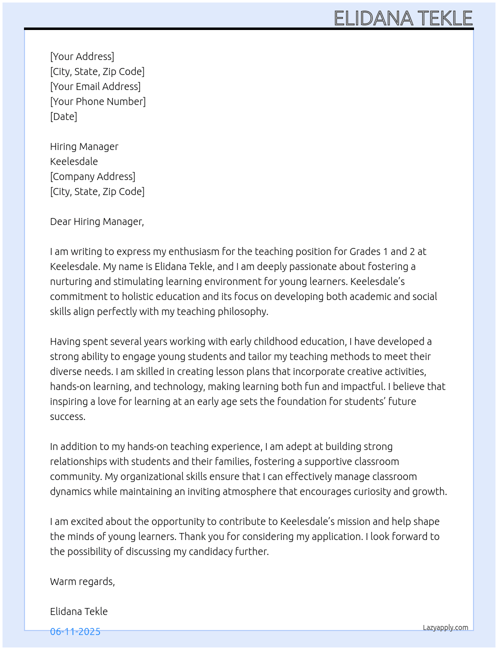 teaching grade 1 and grade 2  At keelesdale Cover Letter