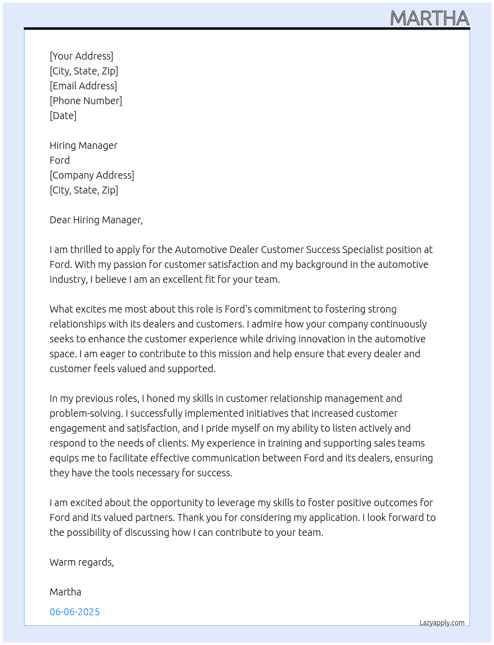 Automotive Dealer customer success specialist At Ford Cover Letter