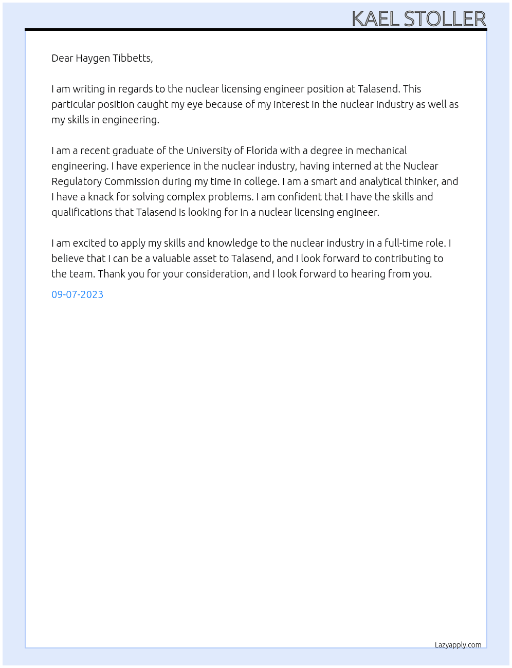 Nuclear Licensing Engineer	 At Talasend Cover Letter