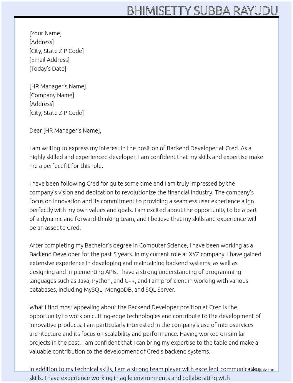 Backend developer  At Cred Cover Letter