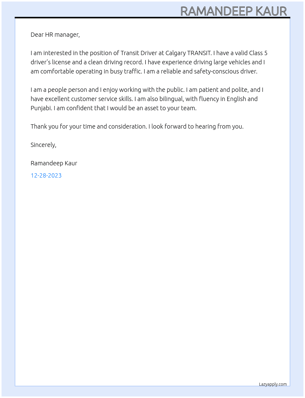 Transit Driver At Calgary TRANSIT Cover Letter